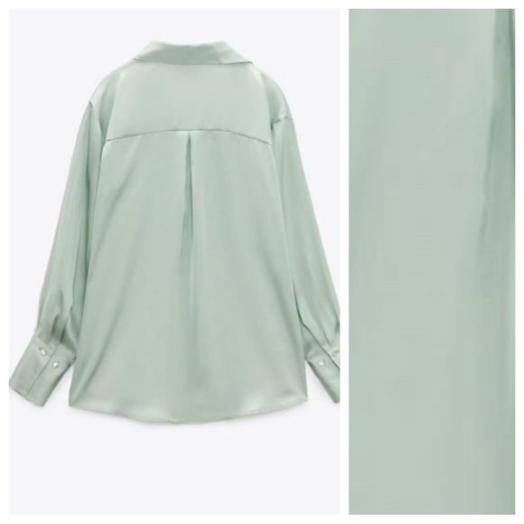 NWT. Zara Light Green Satin Effect Flowy Shirt. Size M. - Picture 5 of 8